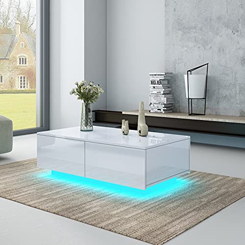 Senvoziii LED Couchtisch für Wohnzimmer, Moderner Beistelltisch aus Holz, Weiß Hochglanz Kaffee Tee Tisch mit 4 Schubladen zur Aufbewahrung für Home Office Möbel Cover