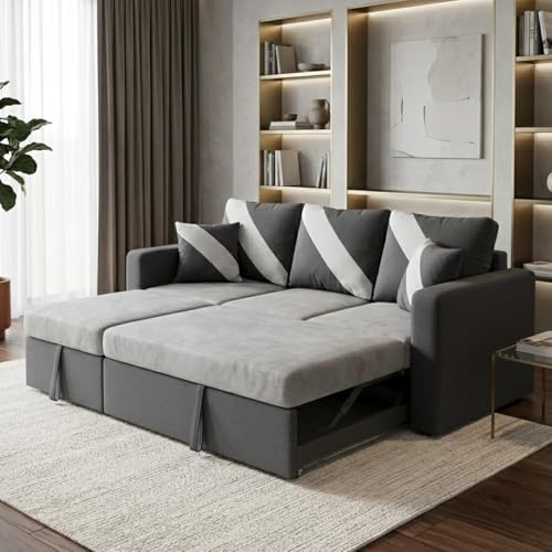Image of FURNY Trivia 4 Seater LHS Lounger Sofa Cum Bed (Dark Gray - Light Gray) with Pull-Out Function | Luxury Velvet Suede Finish | Durable Comfort | Ideal for Living Room