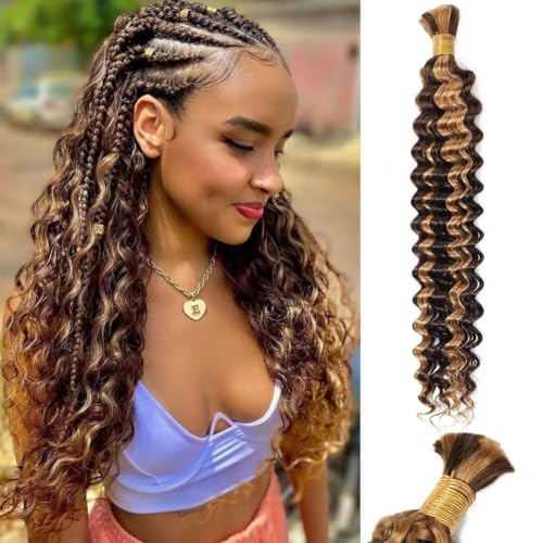 Ombre Human Braiding Hair Deep Water Wave Bulk Human Hair 50g 28 Inch P4/27 Curly Human Hair for Boho Braids Hair Extensions No Weft 1 Braids Per Pack Wet and Wavy Highlight