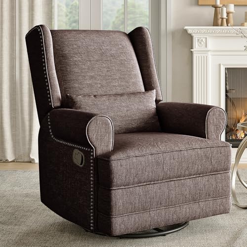 Image of RoyalCraft Swivel Recliner Chair, Comfy Glider Rocking Chairs with Lumbar Pillow and Footrest, Upholstered Swivel Rocking Chair for Bedroom,Nursery,Brown