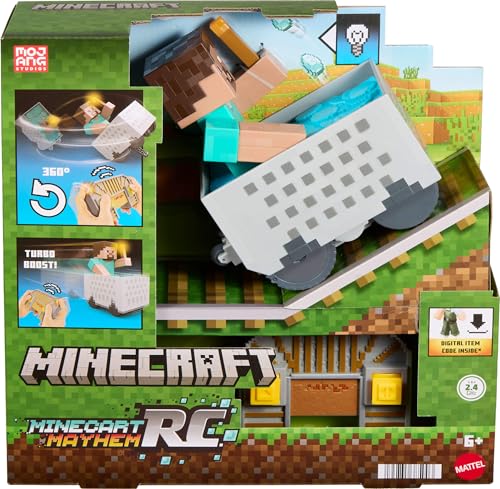 Mattel Minecraft Vagón teledirigido con Steve, Control Remoto con Acrobacias sobre Ruedas, Turbo y Linterna Luminosa, código de artículo Digital y diseño pixelado, JMT40