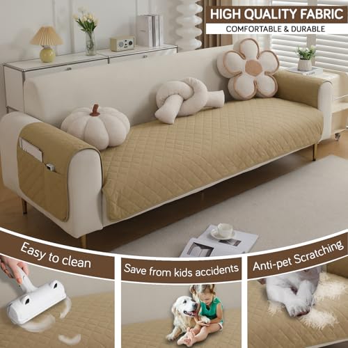 Image of HOKIPO Waterproof + Anti-Slip + Quick Dry Sofa Seat Mat for 1 Seater Sofa with 2 Armrest Covers with Pockets, Beige (AR-5272-80-BGE)