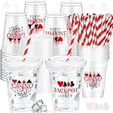 FoldTier 50 Pcs Casino Night Cups, 12 oz Disposable Plastic Cups with Straws and Lids for Home Casino Night Themed Holiday Party Supplies Favors