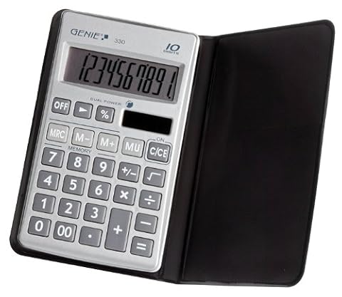 Genie 330 10-cyfrowy płaski kalkulator (z Dual-Power (Solar i bateria); w zestawie etui ochronne), srebrny