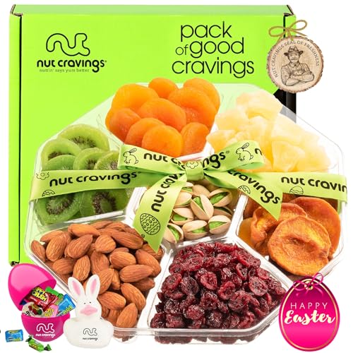 NUT CRAVINGS Gourmet Collection - Easter Treats, Candies &amp; Dried Fruit Nuts Gift Basket with Happy Easter Ribbon, Candy Filled Egg + Bunny (7 Piece Assortment)