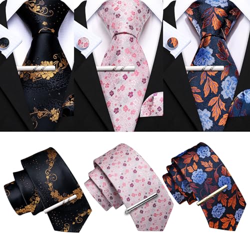 Image of Barry.Wang 6 PCS Men Ties Set Silk Business Fashion Woven Necktie Handkerchief Cufflinks Paisley Stripe Wedding Party