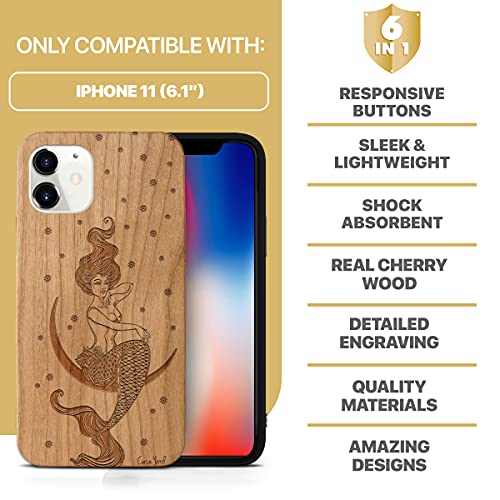 Caseyard Wood Phone Case For Iphone 11 Laser Engraved Mermaid On The Moon Design Cherry Wood Compatible Iphone Case Protective Shockproof Slim Fit Cell Phone Cover For Men & Women #TOP6