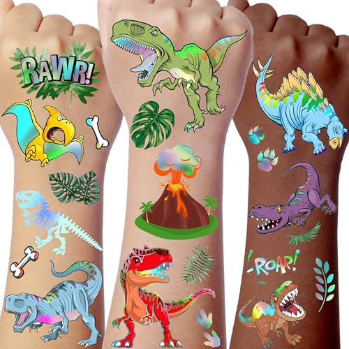 Iridescent Metallic Dinosaur Temporary Tattoos For Kids Boys Girls Teens - 3D 89+ Fake Glitter Dinosaur Tattoo Stickers, Cartoon Dino T-Rex Birthday Party Favor Supplies, Stocking Goodie Bags Stuffers