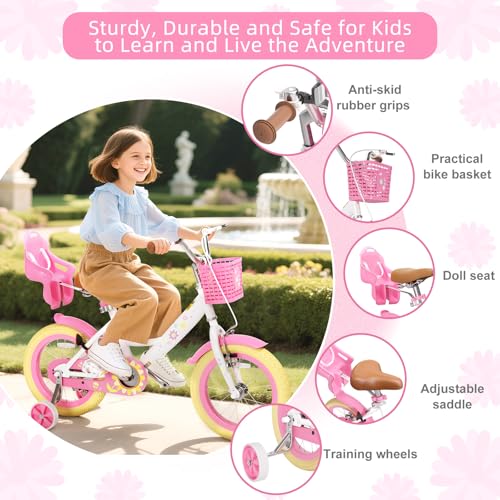 Image of Glaf Toddler Girls Bike for Age 2-9 Years 12 14 16 20 Inch Kids Bike | Girls Bicycle,Toddler Bike,Doll Seat, Basket, Adjustable Seat, Bell,