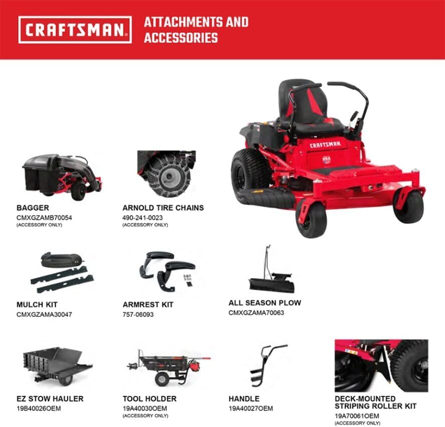 Craftsman Attachments and Accessories Guide showing various optional parts like bagger, mulch kit, armrest kit, plow, hauler, tool holder, handle, and striping kit
