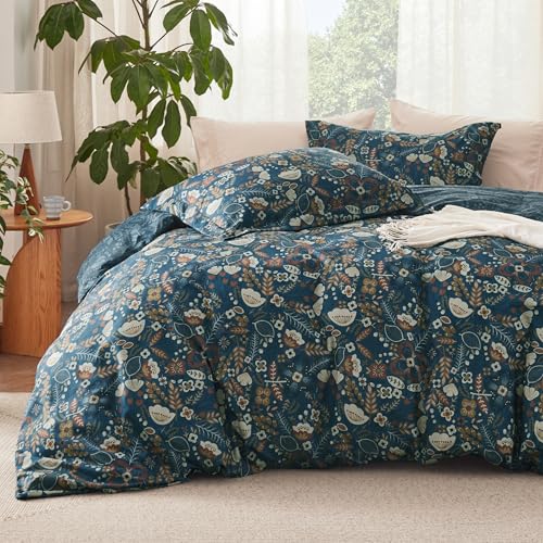 Image of Bedsure Duvet Cover King Size - Reversible Floral Duvet Cover Set with Zipper Closure, 3 Pieces Navy Blue Bedding Set with 8 Corner Ties and 2 Pillow Shams 20 inchx36 inch