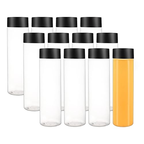 ZMYBCPACK Paquete de 12 botellas de jugo de plástico transparente PET de 136 onzas 135fl oz con tapas negras botellas de plástico para batidos