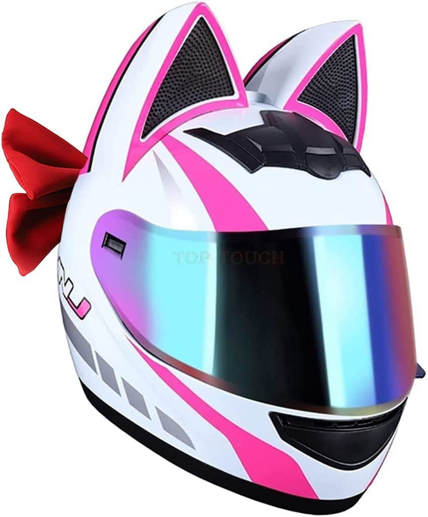 DOT Approved Cat Ears Motorcycle Street Helmets Breathable Cool Girl Men Women Couple Helmet Street Moto Full Face Helmet with Visor, Adult Flip Up Visors Motocross Helmet, All Seasons