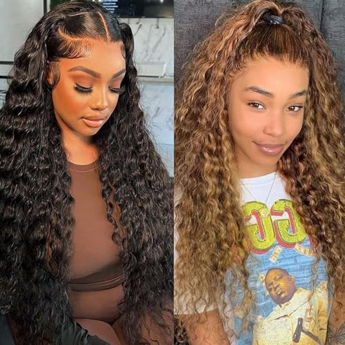 Natural Color 13x6 Deep Wave Lace Front Wigs 24 Inch+Highlight Ombre 13x4 Deep Wave Lace Front Wigs 32 Inch