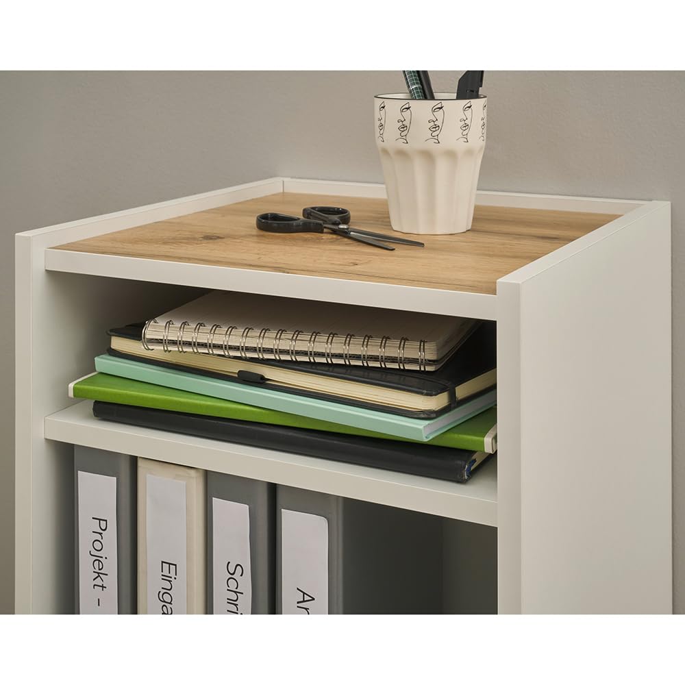Lomadox Büromöbel Set weiß mit Eiche 6-teilig modern, 1 Schreibtisch, 1 Regal, 1 Kommode, 2 Stauraumschränke, 1 Aktenregal