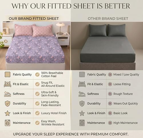 Image of HOMEKART Cotton Contrast Fitted Bedsheet for King Size Bed 72x72+10 Inch with 2 Pillow Covers 17x27 Inch | All Round Elastic | TC 144 Soft, Breathable Floral Printed Bedsheet (Lavender Mist)