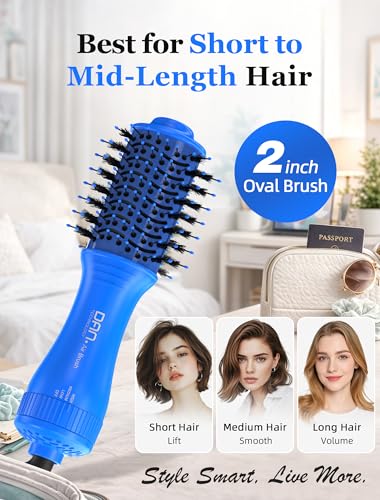 Image of Mini Travel Ceramic Blow Dryer Brush for Short to Medium Hair, 2 Inch Oval Styling Hot Air Brush with 3 Heat Settings, Lightweight Volumizing & Smoothing Tool, 120V, Blue