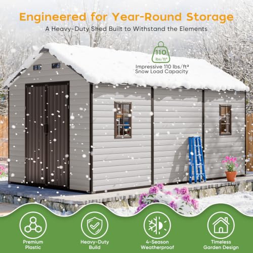 8x14 FT Extra-Deep Resin Storage Building with Floor, 16mm Thick Panels & 21-Gauge Steel Structure, Long Garden Shed with 2 Windows for Kayaks, Ladders,Bulk Equipment - Image 5