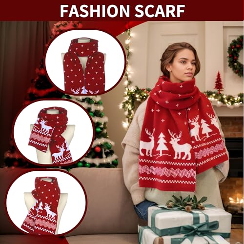 Fall Winter Soft Knit Scarf for Women Men Boys Girls Christmas Scarf with Reindeer and Snowflake Pattern (Green)2
