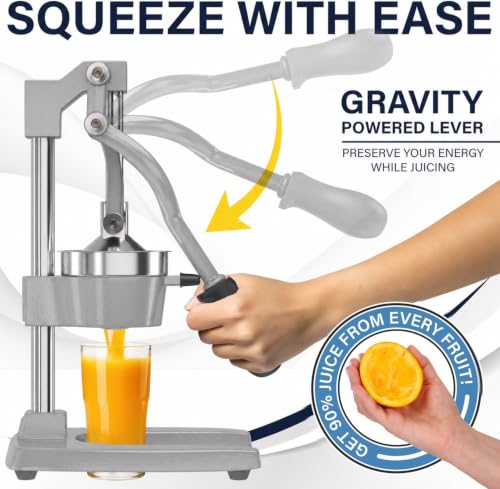 Image of Eurolux Ultra-Premium Cast Iron Juicer | Extra-Large, Heavy Duty, Commercial Grade, Stainless Steel Manual Hand Press Citrus Squeezer For Fresh Orange Juice, Pomegranate, Lemon, and Much More (Gray)