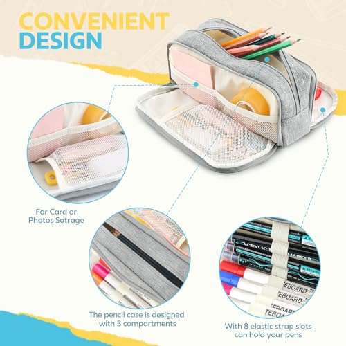 Image of Large Capacity Pencil Case Pencil Pouch Pen Bag with 3 Compartment Stationery Organizer with Zipper, School Supplies Organizer for Teen Adults (Grey)