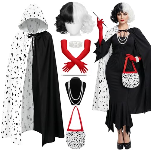 7 Pcs Cruella Costume Accessories Set for Women Villain Fancy Dress Kit with Dalmatian Cape Black White Wig Red Gloves Pearl Necklace Bracelet Hand Prop & Bag for Halloween World Book Day