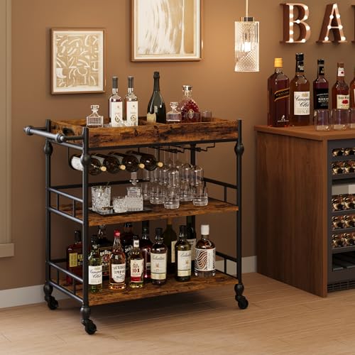 GarveeHome Bar Cart with Wheels, 3-Tier Serving Cart for Home, Mobile Rolling Beverage Cart with Wine Rack and Removable Tray for Kitchen, Dining, Liv