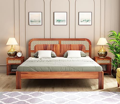 Image of King Size Cot Without Storage - Solid Wood King Bed - Honey Finish