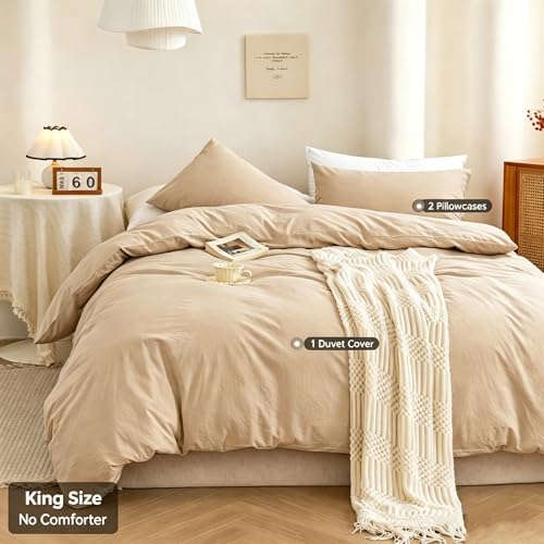 Image of ECOCOTT Duvet Cover King Size, 100% Washed Cotton 1 Duvet Cover with Zipper and 2 Pillowcases, Ultra Soft and Easy Care Breathable Cozy Simple Style Bedding Set(Khaki, King)
