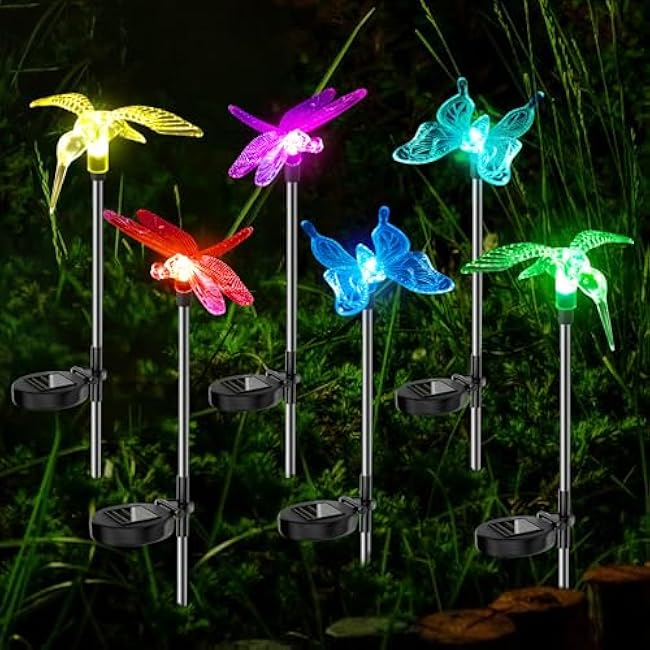 Anordsem Solar Garden Lights Outdoor: 6 Waterproof PVC Insect Light Heads - Changeable Color LED Stake for Homeowners Patio Decoration - Gardening Gifts for Garden Enthusiasts