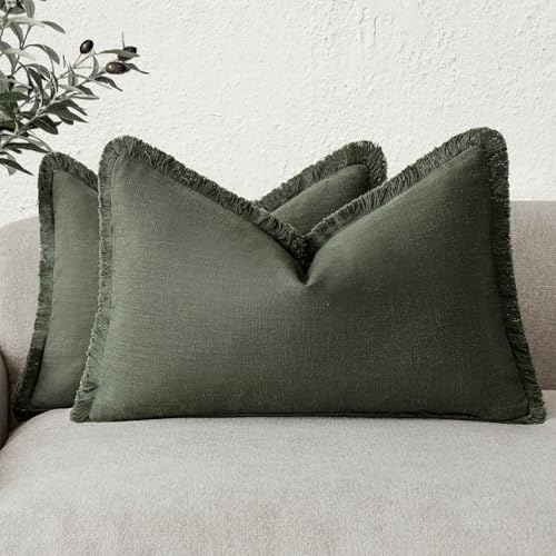 Image of Foindtower Set of 2 Decorative Linen Fringe Throw Pillow Covers Farmhouse Cushion Cover with Tassels Accent Pillowcase for Couch Bed Sofa Living Room Home Bedroom Decor,12x24 Inch,Dark Olive Green