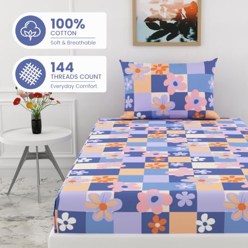 Image of LORETO - A QUALITY LINEN BRAND 144 TC 100% Pure Cotton Single Fitted Bedsheet with 1 Pillow Cover for 72 x 36 Inch Mattress, All-Around Elastic, 8 Inch Deep Pocket, Pastel Floral Checkered