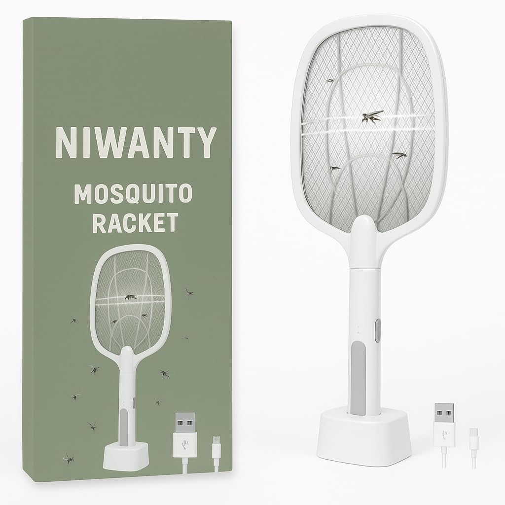 Rechargeable Mosquito Killer Racket with UV Light Lamp, Bug Zapper with Base Stand, 1200mAh Lithium-ion Battery for Indoor & Outdoor Use (Mosquito Killer Racket)-image-14