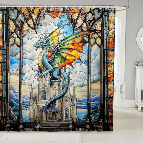 Rideaux de douche pour enfants style patchwork géométrique dragon bleu