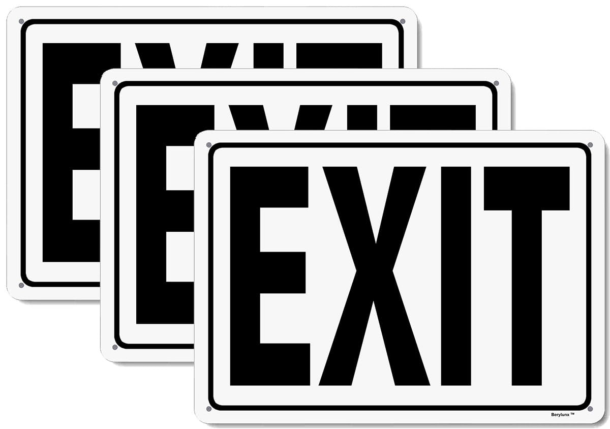 3 Pack 12"x8" Exit Sign White Background Black Rust Free Aluminum, Fade Resistant Metal Signs for Business for Home for Door Outdoor