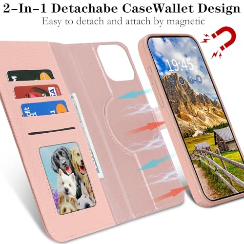 Image of Detachable Genuine Leather Case for iPhone 16 Pro Max Wallet Case Magnetic 2in1 Removable Flip Cover Book Purse Compatible with Magsafe Charging Kickstand Card Holder-Pink