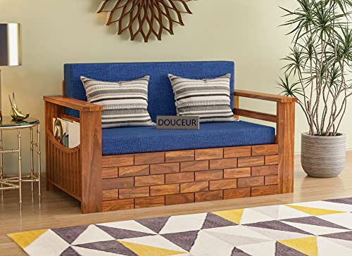 Image of Douceur Furnitures Solid Sheesham Wood Wooden Frame Two 2 Seater Sofa Cum Bed for Living Room,Hotels,Apartment & Hall | Finish:-Natural Teak | Cushion:-Blue