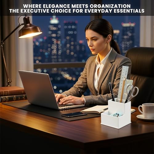 Image of White Pencil Holder for Desk | 3 Compartment Organizer Square Pencil Holder | Sharp and Dull Pencil Holders for Office, Meeting Room, Reception | Office Desk Accessories Organization and Storage