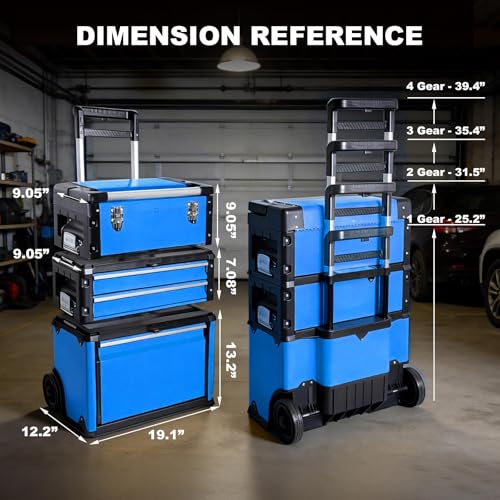 Image of Stackable Rolling Tool Box Portable Metal Toolbox Organizer with Wheels and 2 Drawers Separate Rolling Upright Trolley Tool Chest for Garage or Workshop, Blue