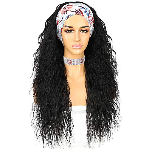#1B Headband Wigs For Black Women Long Black Water Wave Wigs Natural Hairline Full Machine Made Wigs None Lace Front Wig130% Density 26inches Hair Synthetic Curly Daily Glueless Wigs