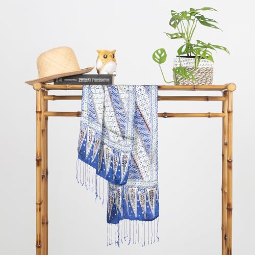 NOVICA Artisan Handmade Batik Silk Scarf with Parang Motifs in Indigo from Bali Accessories Scarves Blue Yellow Wrap Indonesia Floral ' Parang World in Indigo'2