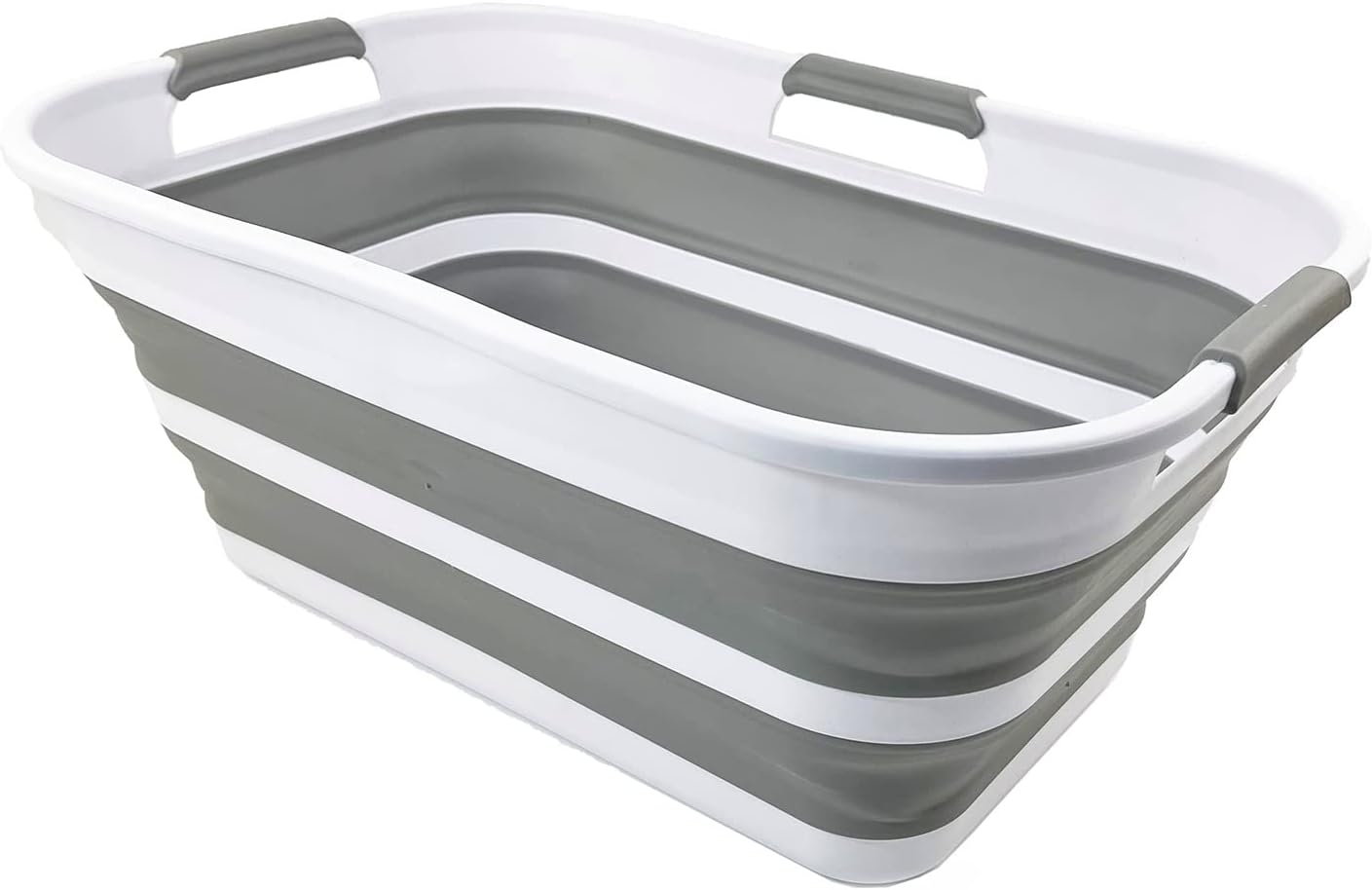 SAMMART 21L Collapsible Plastic Storge Basket - Foldable Pop Up Storage Container / Organizer - Portable Washing Tub - Space Saving Hamper / Basket (White/Grey)