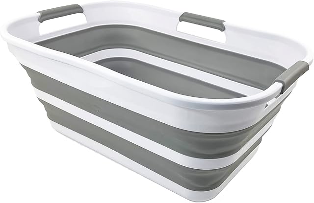 SAMMART 21L Collapsible Plastic Storge Basket - Foldable Pop Up Storage Container/Organizer - Portable Washing Tub - Space Saving Hamper/Basket (White/Grey)