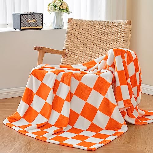 BEDELITE Checkered Throw Blanket Twin Size Luxurious Fleece Blanket Checkerboard Grid Orange and White 60"x80" - Image 8