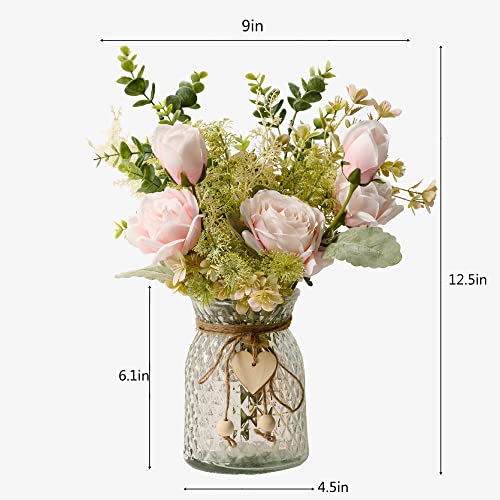 YJ Fake Flowers with Vase, Artificial Silk Roses Flower Bouquet, Faux Flower Arrangements, Farmhouse Table Decor - Image 3