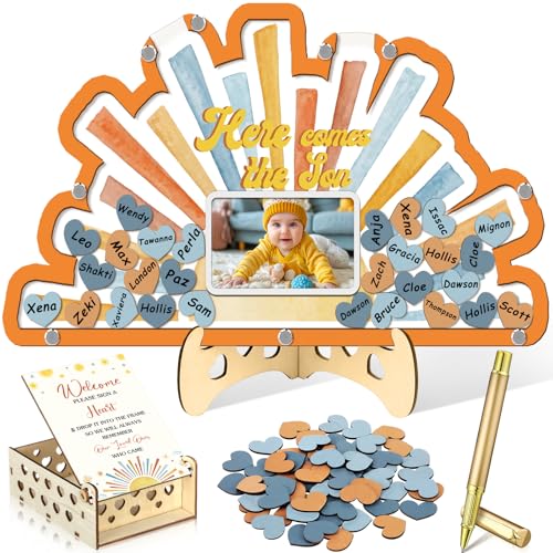 Image of Wenqik 63 Pcs Here Come the Son Baby Shower Guest Book Alternatives Set Baby Shower Decorations with Photo Frame Sonogram Frame Keepsake 60 Wood Slices Guest Book for Birthday