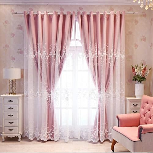 Rideau occultant double couche rose dentelle brodée panneau moderne salon