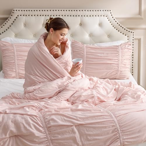 Image of Bedsure Ruched Comforter Set with Bow Trim Pink, GentleSoft 3 Pieces Bow Bedding Pink Room Decor, King Boho Bedding for Girls Teens Women, 1 Bed Comforter, 2 Pillow Shams, 104x90 Inches