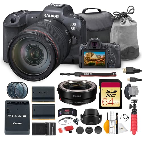 Canon EOS R5 Mirrorless Camera with 24-105mm f/4L is USM Lens Bundle | 45MP Full-Frame Sensor, Dual Pixel CMOS AF II, 8K Video | for Wildlife & Pro Photos + Adapter EF-EOS R + 64GB Card + More