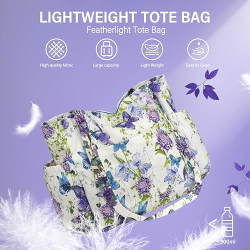 Corduroy Tote Bag for Women, Large Capacity Cute Tote Bags With 6 Pockets, Laptop Tote Bag Crossbody Shoulder Handbag Teacher Nurse Bags for Work Travel Gym(Purple Butterfly) - image 8